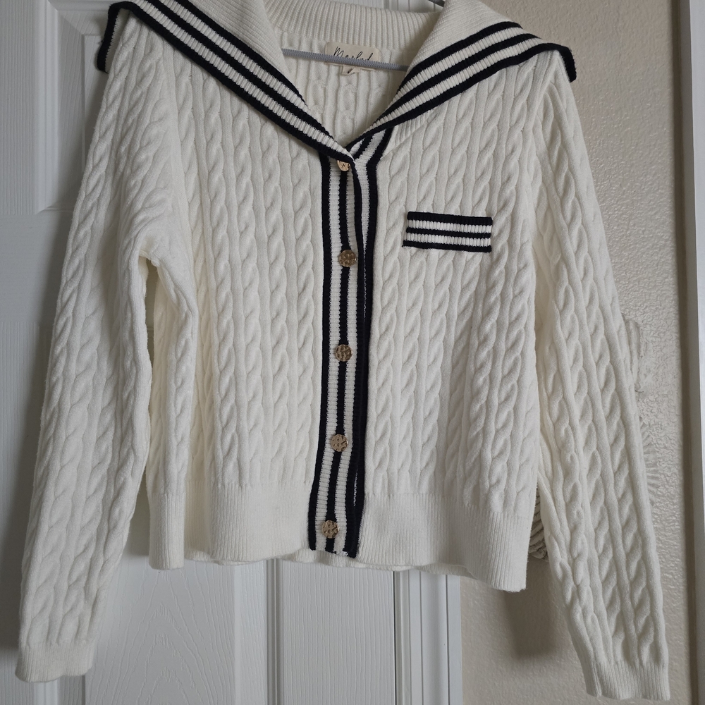 Merle White Cable Knit Sailor Inspired Cardigan with Navy Trim